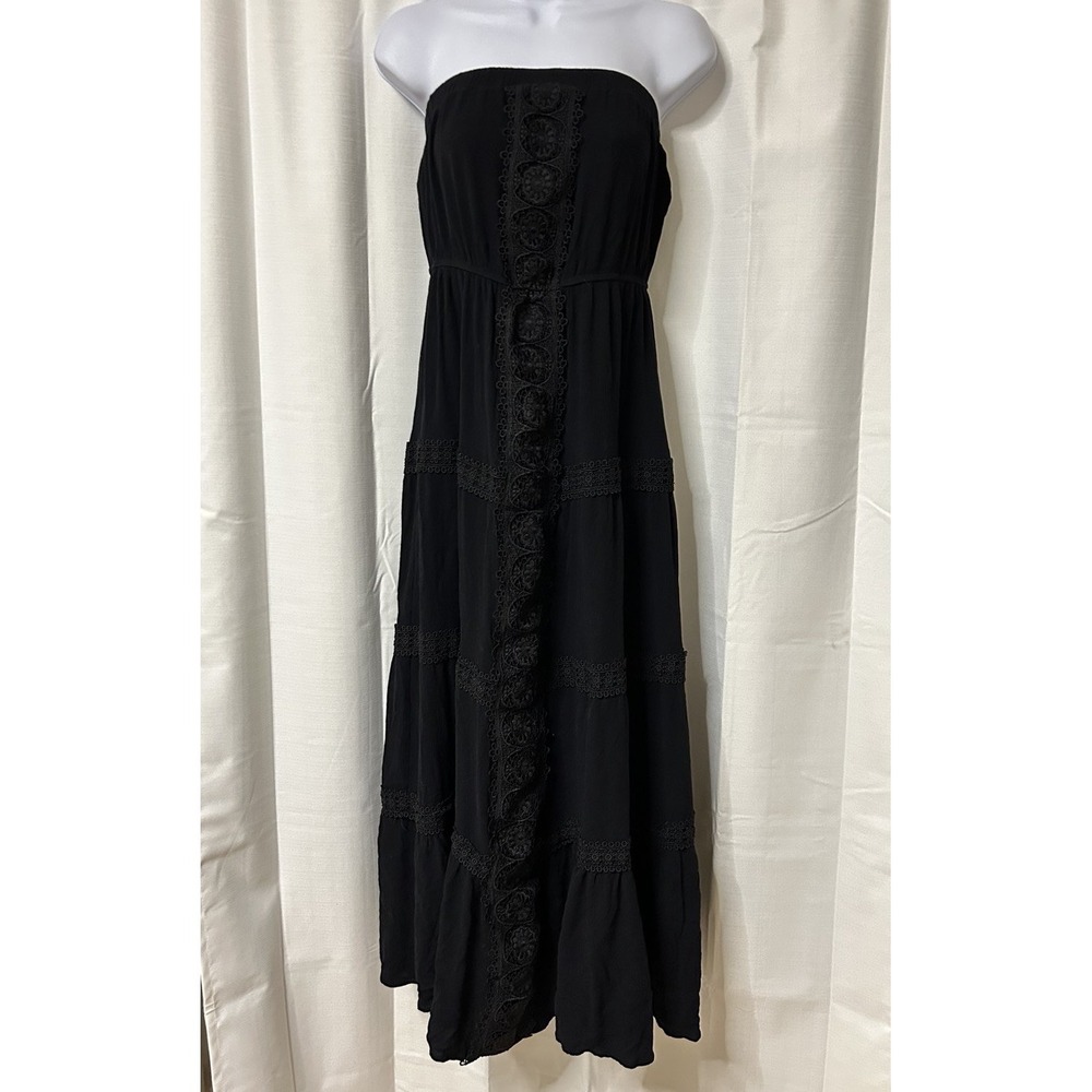 Womens Black Strapless Eyelet Dress Maxi Lace Boho L